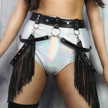 

90's Tassel Pu Leather Harness Garter Waist Suspender Cage Belt Fetish Goth Plus Size Adjust Hollow Out Body Bondage Lingerie
