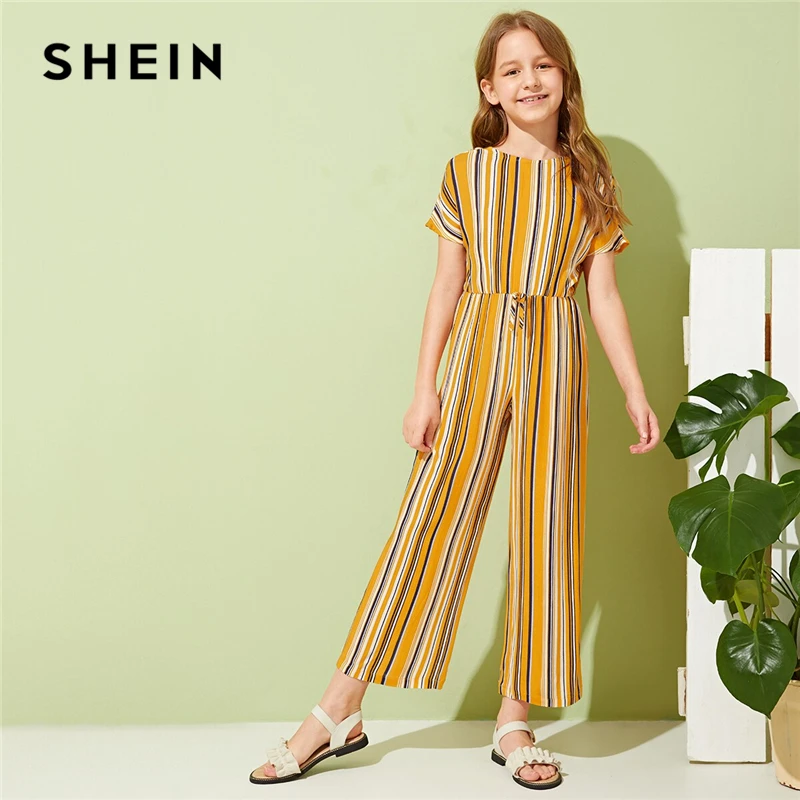 

SHEIN Kiddie Ginger Striped Knot Front Wrap Back Girls Boho Jumpsuits 2019 Summer Short Sleeve Wide Leg Jumpsuits For Teenagers