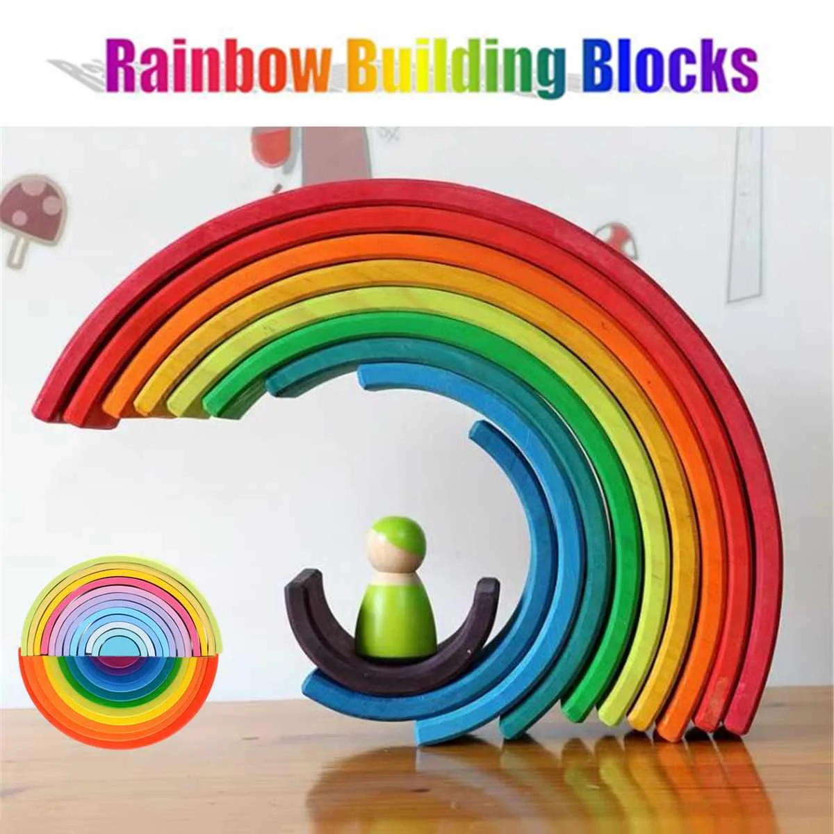 

12 Pcs/Lot Wooden Building Blocks Rainbow Blocks Rainbow Stacker Nesting Puzzle Montessori Building Blocks Educational Toys