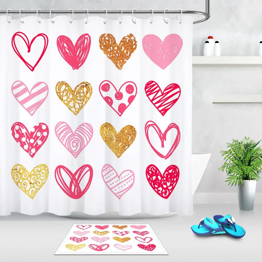 LB Heart shaped Love Extra Long White Shower Curtain with Mat Set