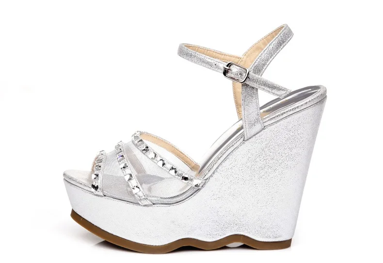 37_2016 Summer Fashion Elegant Footwear Peep Toe Black High Heeled Platform Sandals Silver Diamond Wedges Shoes Women Small Size