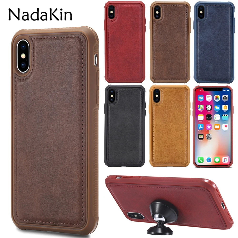 

Retro Sticky Leather Case for iPhone X 6 6S 7 8 Plus Back Cover Cases with Car Bracket Stand Holder