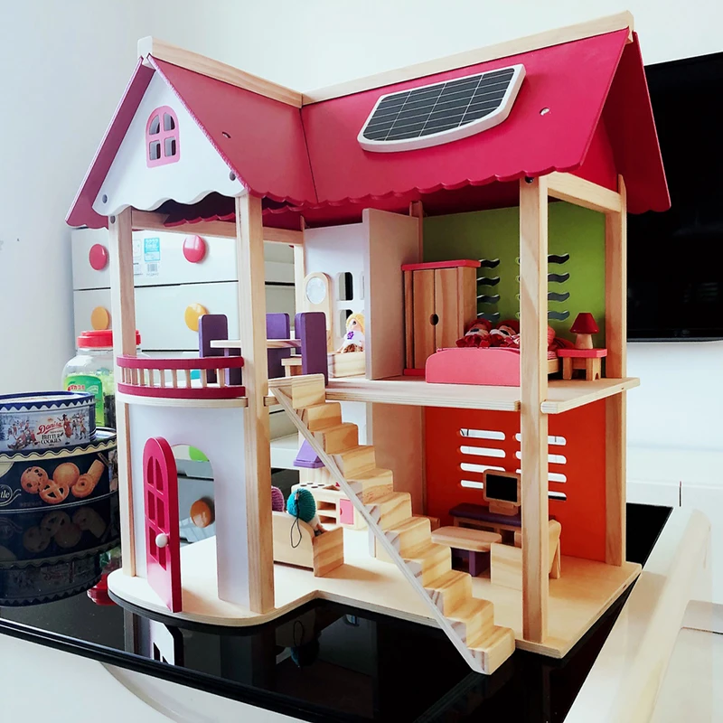 55*37*52cm Kids Wooden Doll House Pretend Toy Wooden Doll Villa with Doll Furniture and Puppets