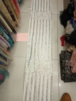 

shining silver stripe French net lace fabric with glued glitter sparkle African tulle mesh lace fabric