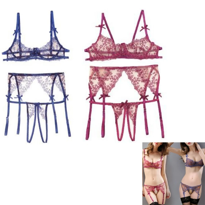KLV Women Half Cup Bra See-through Open Crotch Briefs Panty Underwear Suit Lingerie