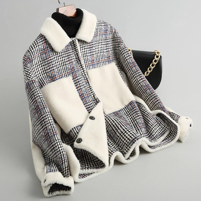 Pardessus Mode White Hiver Agneau Automne Manteaux Les Plaid Wyq1687 And Grid Pour 2018 Laine Épaisse Femelle Black Fourrure Portent Femmes Deux Manteau Côtés De Ayunsue Courtes pRSqxfS