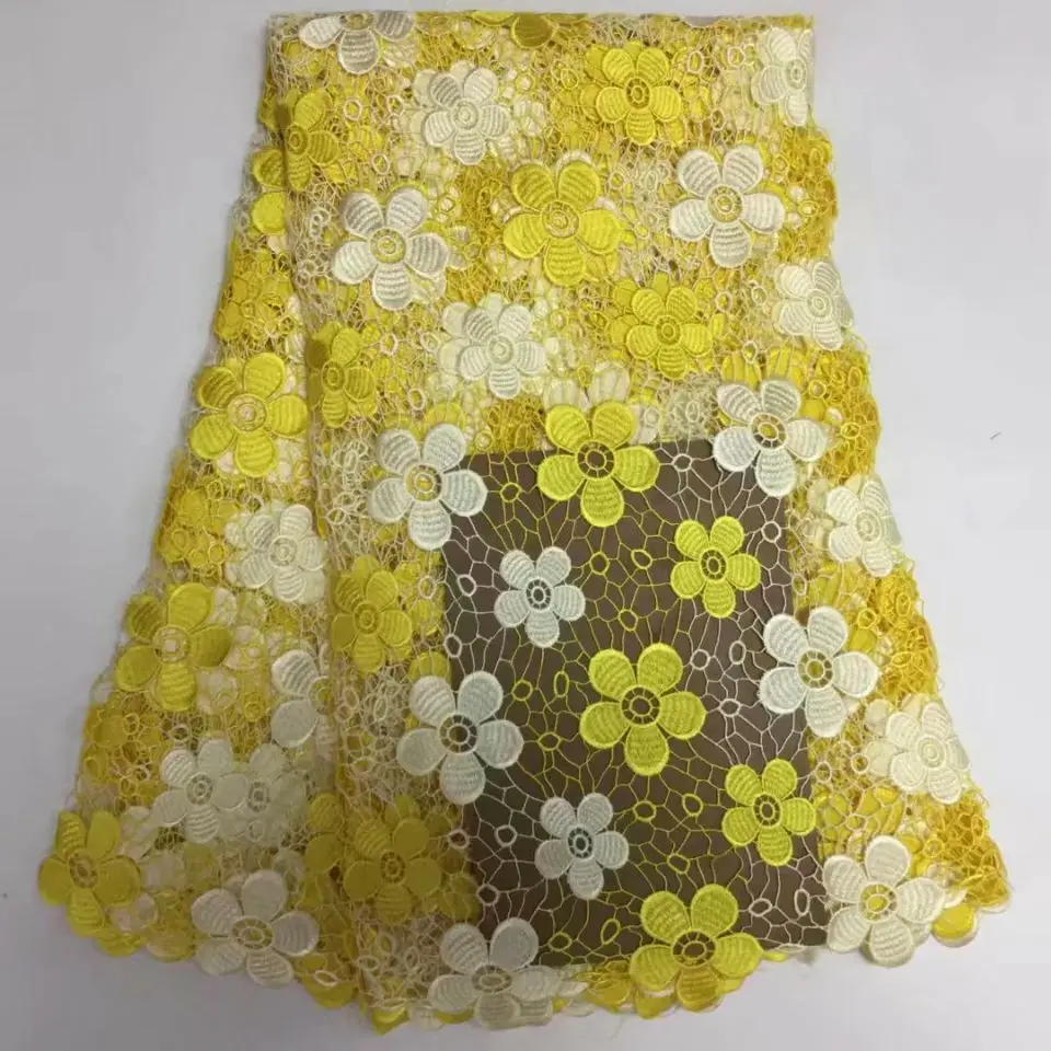 

5Y/pc Wonderful yellow and white embroidery african water soluble lace flower design french mesh cord lace for clothes BW126-5