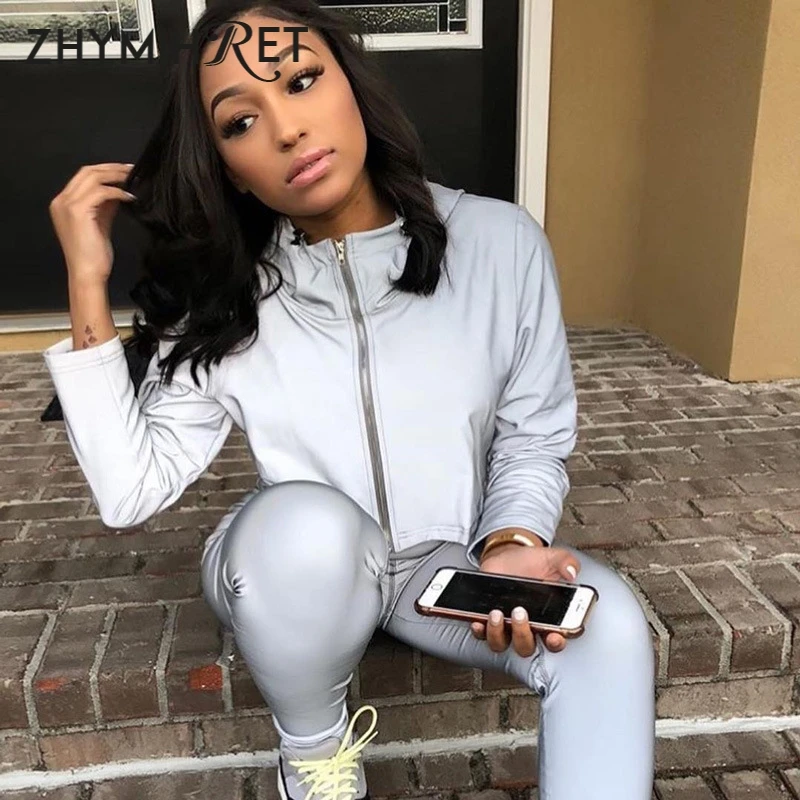 ZHYMIHRET 2019 الربيع جديد عاكسة الإناث سترة عارضة الرياضة مقنعين معطف قصير المرأة المحاصيل أعلى Casaco Feminino Manteau فام ZHYMIHRET 2019 الربيع جديد عاكسة الإناث سترة عارضة الرياضة مقنعين معطف قصير المرأة المحاصيل أعلى Casaco Feminino Manteau فام