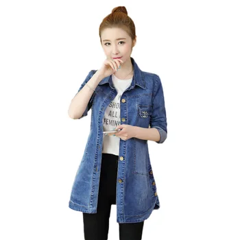 

Women Mid Long Denim Jacket 2019 Spring New Fashion Denim Outerwear Large Size Slim Ladies Single-Breasted Cowgirl Coats JIA49
