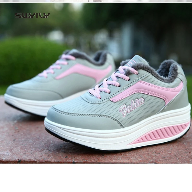SWYIVY Women Toning Shoes Platform Leather Winter Warm Sneakers 2018 New Plus Velvet Height Increasing Female Swing Shoes