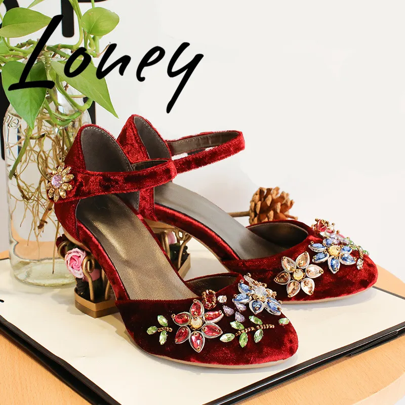 

Loney New Spring Velvet Crystal Jewel Women Pumps Round Toe Floral Caged Heel Pumps Mary Jeans Women Summer