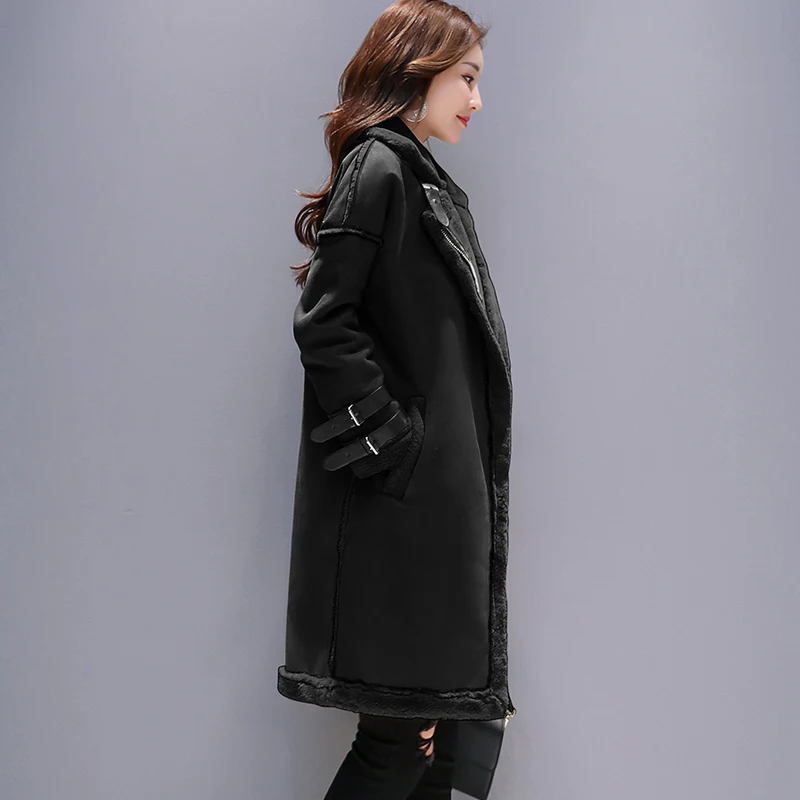 Толстые Замшевые женские куртки на молнии, осенне-зимние длинные мотоциклетные пальто из овечьей шерсти, женские замшевые пальто из искусственной кожи
