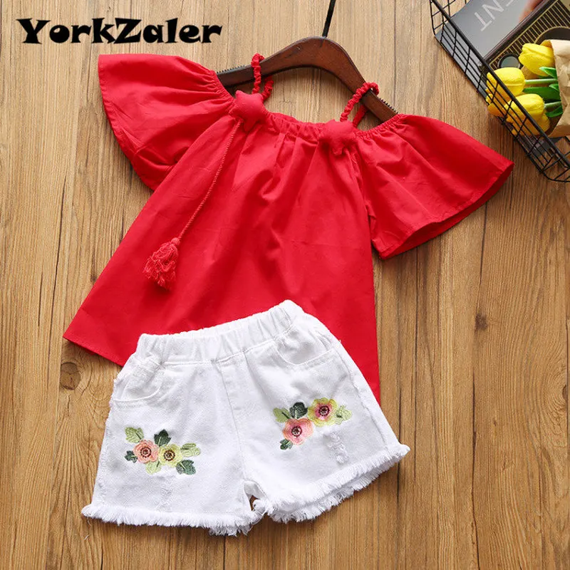 

YorkZaler Baby Girl Clothes 2019 Brand Girls Clothing Sets Kids Clothes Summer Toddler Girl Off Shoulder Tops T Shirt+ Pants