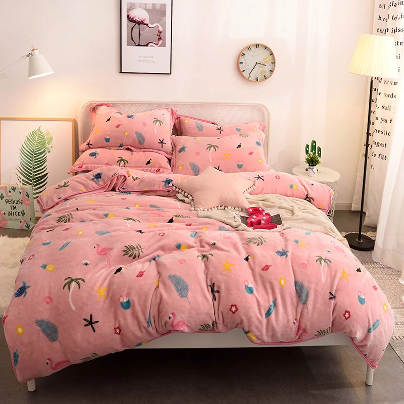 

Winter Flannel Crystal Velvet Flamingo print pink bedding sets cartoon duvet cover flat sheet pillowcase girls/adult bedclothes