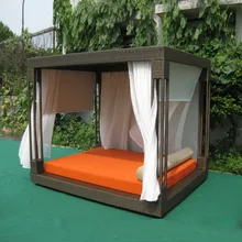 Most popular outdoor furniture rattan daybed with canopy sun bed lounge rattan bed wicker cabana no curtain to sea port by sea