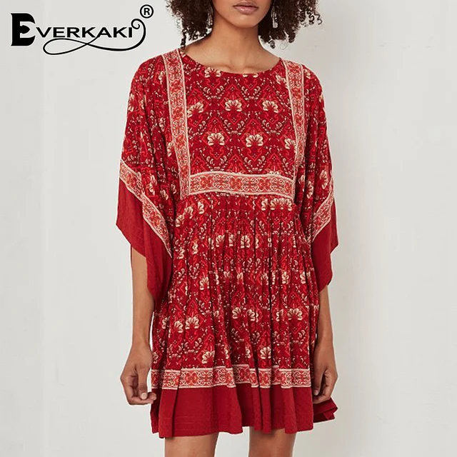 Special Price Everkaki Red Boho Dress Women Hippie Vestidos Batwing Floral Pleated Gypsy Tunic Half Sleeve Ruffles Bohemian Summer Dress 2018 Special Price Everkaki Red Boho Dress Women Hippie Vestidos Batwing Floral Pleated Gypsy Tunic Half Sleeve Ruffles Bohemian Summer Dress 2018