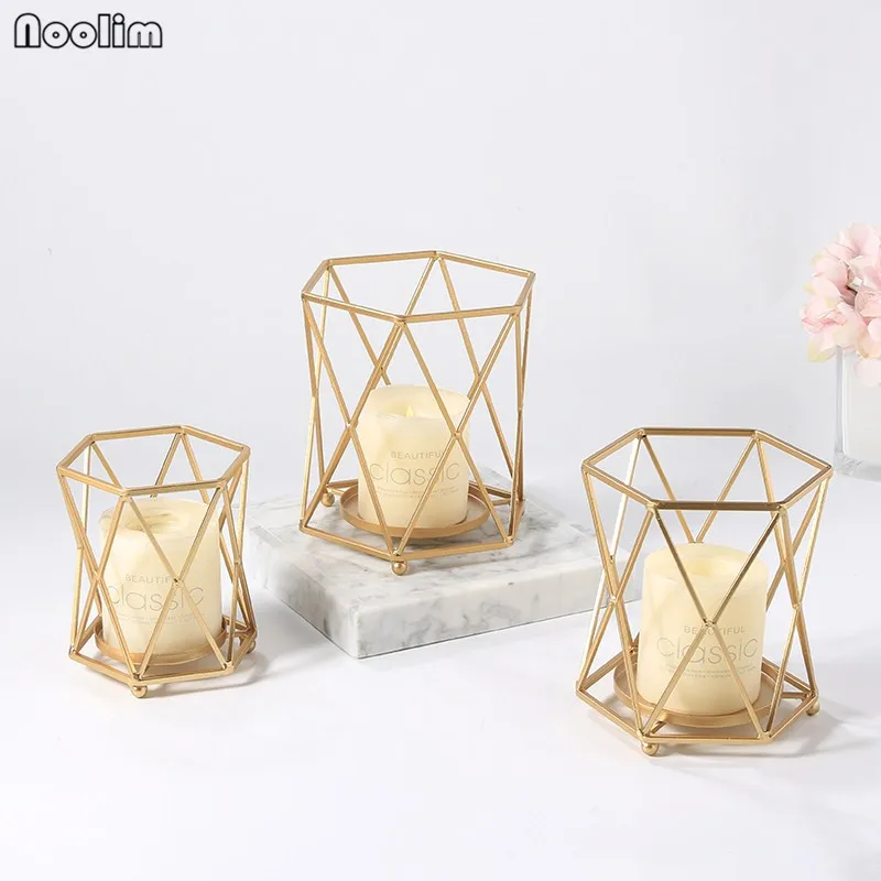 

NOOLIM Creative Golden Geometric Candle Holder Iron Decorative Candlestick Tabletop Ornaments Home Wedding Decor