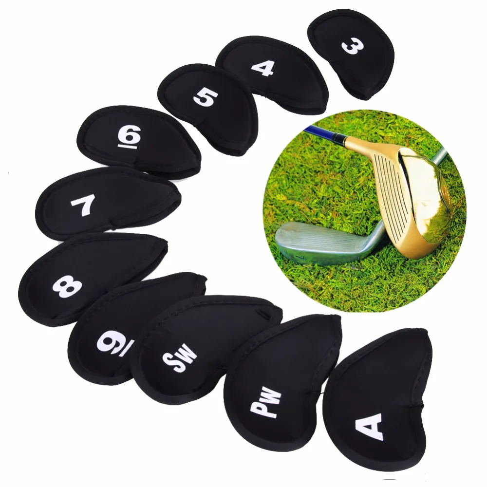 10 قطعة أغطية رأس نادي الغولف الحديد مضرب واقية حالة HeadCovers مجموعة النيوبرين الأسود الذهب واقي رأس حقيبة للجولف الرياضية