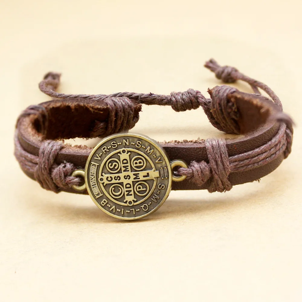 

Catholic Religious Saint St. Benedict Medal Leather Bracelets For Women Bangle Cuff Pulseira Masculina Feminina Men Jewerly Gold