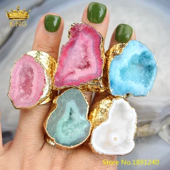 

5pcs Summer Rings Fashion Jewelry,Rock Druzy Geode Gold Ring,Random Color sale Natural Drusy Agates Stones Slab Rings DSS177