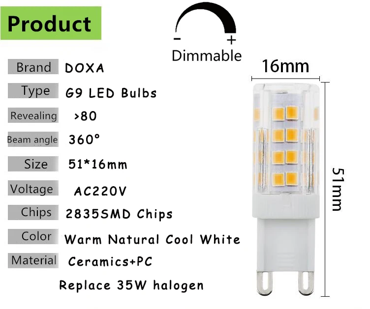 G9 bombilla LED 220 V regulable 4 W LED G9 lámpara de luz 51LED lampada lámpara bombillas ampolla haz de 360 ángulo reemplazar 30 W 35 W halógeno