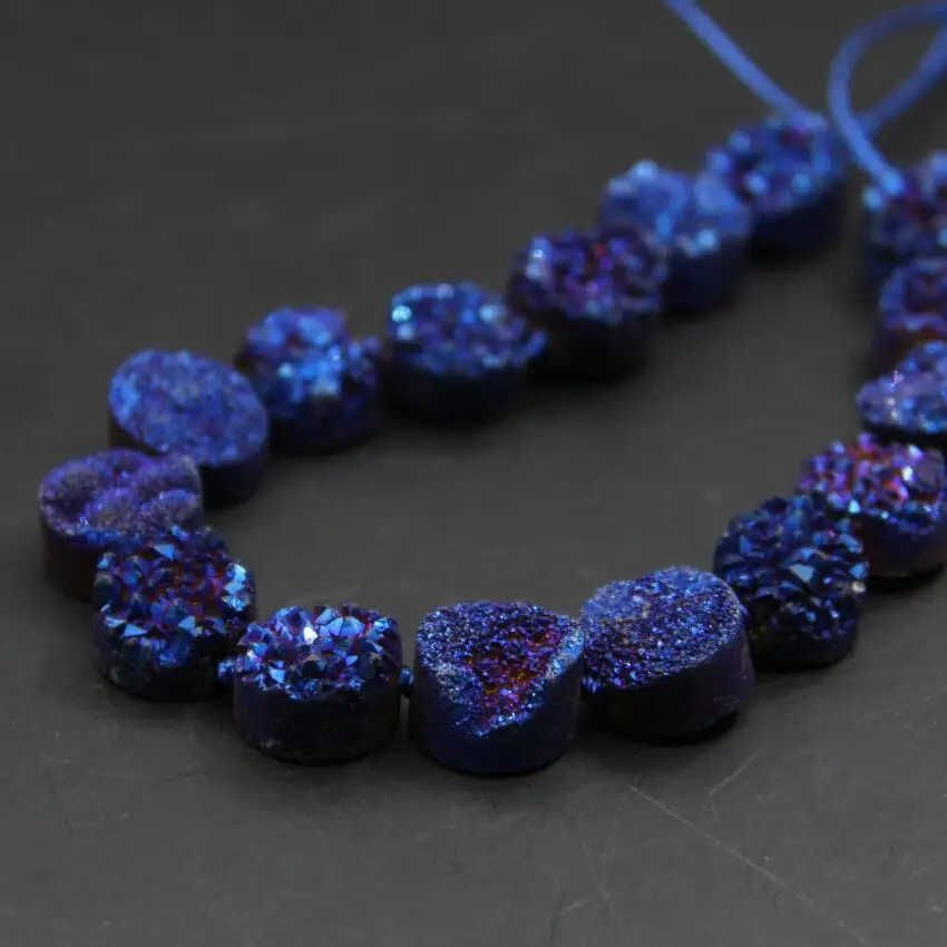 16 Pz/Strand Blu Titanio Quarzo Geode Drusy Grezzo Flat Round Perle Cabochon, Roug Agate Druzy Cristallo Moneta Slab Nugget Pendente