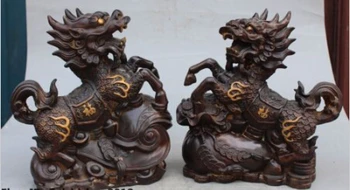 

RHS0164 11" Chinese Bronze Gilt Wealth Money Bag Dragon Beast kylin Unicorn Statue Pair