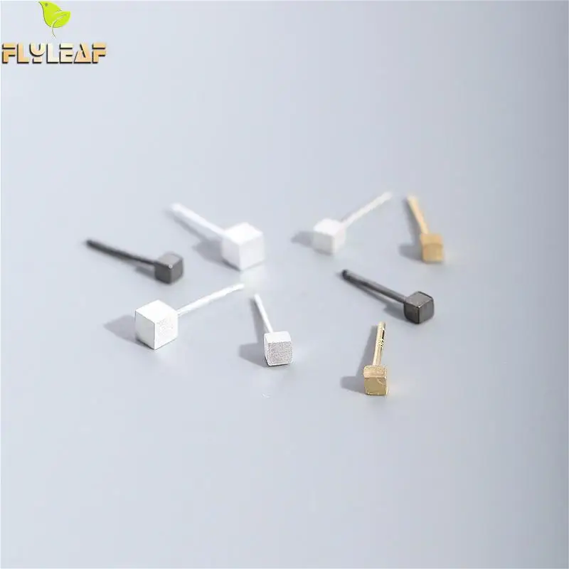 

Flyleaf Simple Geometric Square Cube 100% 925 Sterling Silver Stud Earrings For Women Tiny Earings Fashion Jewelry Fine Fun