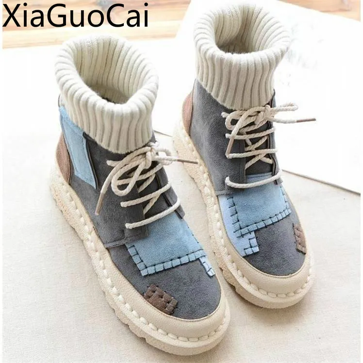 

Autumn and Winter Women's High Top Boots Nubuck Plus Velvet Warm Casual Sneakers Round Toe Lace-Up Student Flat Boots