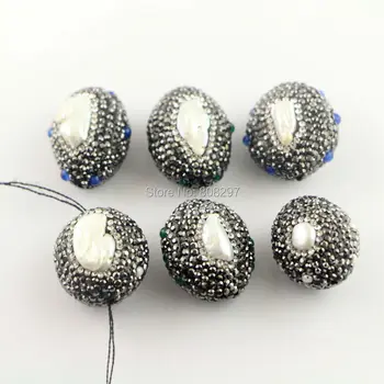 

10Pcs Natural Freshwater Pearl Beads, Pave Crystal Rhinestone Beads, Loose Connector Beads For Jewelry Making