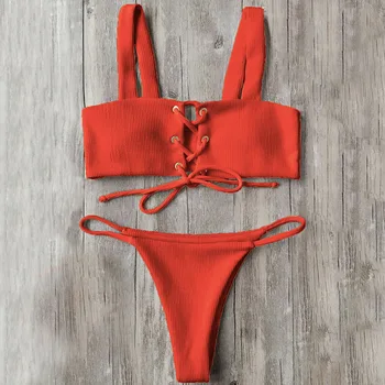 

2018 Bikini Women Sexy Lace Up Swimwear Ribbed Texture Bikini Low Waist Wire Free Straps Female Beachwear Sexy Bathing Suits