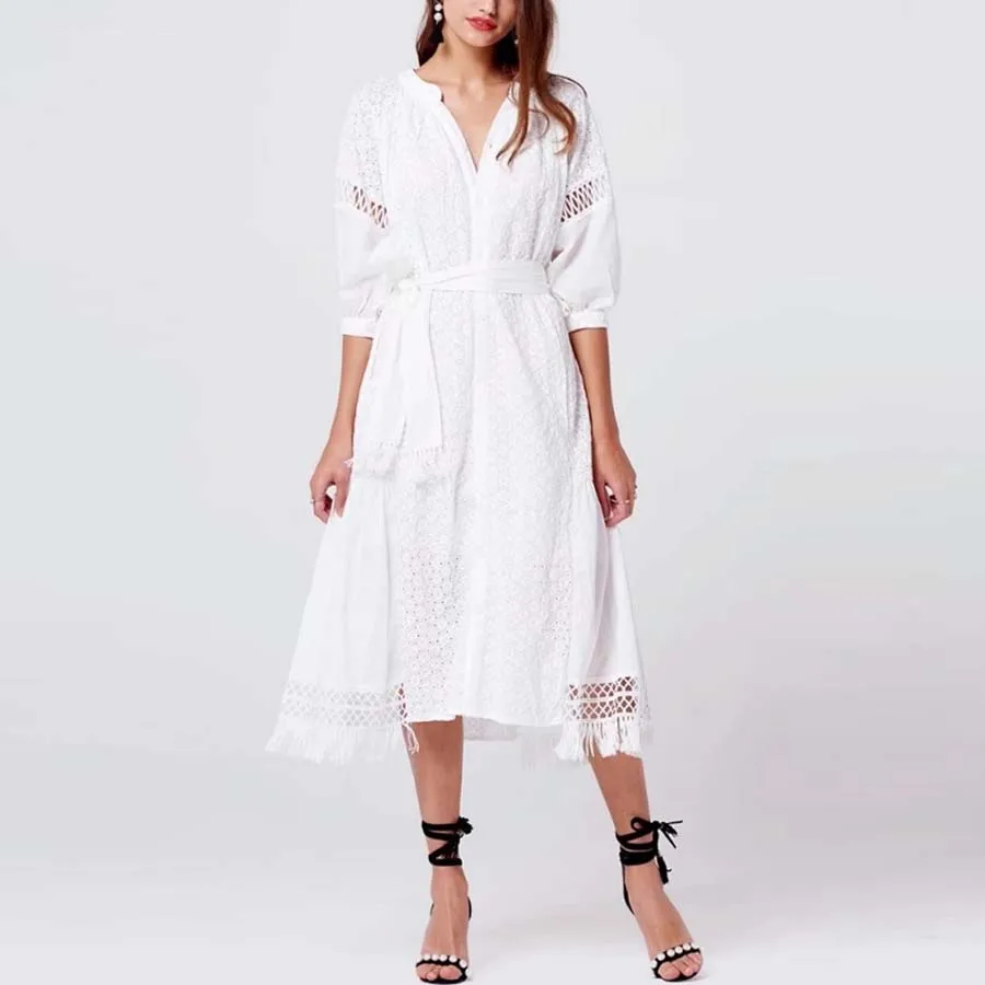 white cotton lace Embroidery boho dress 2017 new autumn vintage lantern Sleeve dresses Casual loose brand long women dress