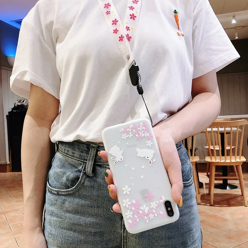 

Case For Samsung A10 A20 A30 A40 A50 A60 A70 M10 M20 Soft Case Cherry Cat Rabbit Pattern with Long Lanyard Strap
