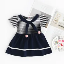 Новые модные летние вечерние платья принцессы в полоску с помпоном в стиле пэчворк для маленьких девочек; ; ; Z4