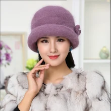 Новинка, зимняя шапка, наборы для женщин, теплая, вязаная, с цветочным рисунком, Skullies, одноцветная, шерсть, смешанный мех кролика, шапочки, мешковатый головной убор, шапка