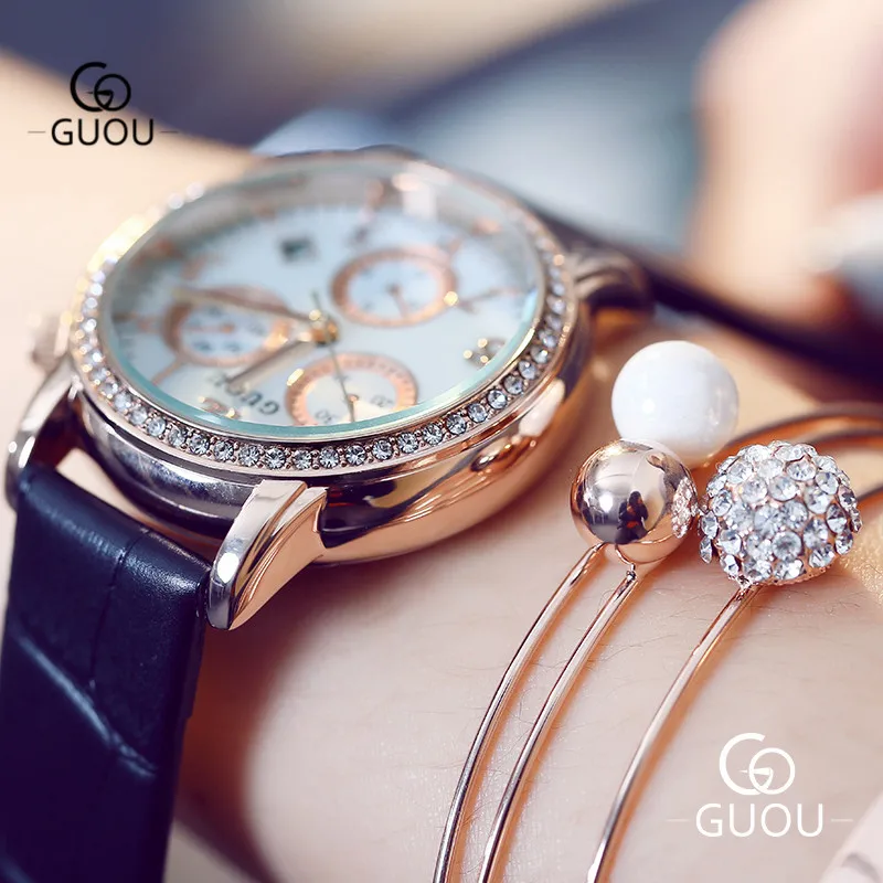 

GUOU Women Watches Quartz Leather Strap Luxury Rose Gold Plated Female Watch Clock Ladies Waterproof Wristwatches with Calendar