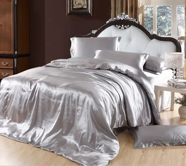 Silver Bedding Sets Grey Silk Satin California King Size Queen