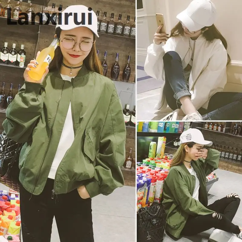 

New 2018 Fashion Women Ladies Basic Bomber Jacket Long Sleeve Loose Style Boyfriend Coat Zipper Short Thin Coat
