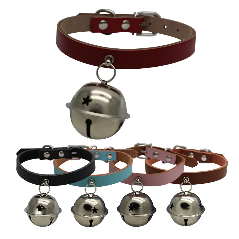 Genuine Leather Pet Collars Ring Bell Dog Collar Chain Adjustable Pet