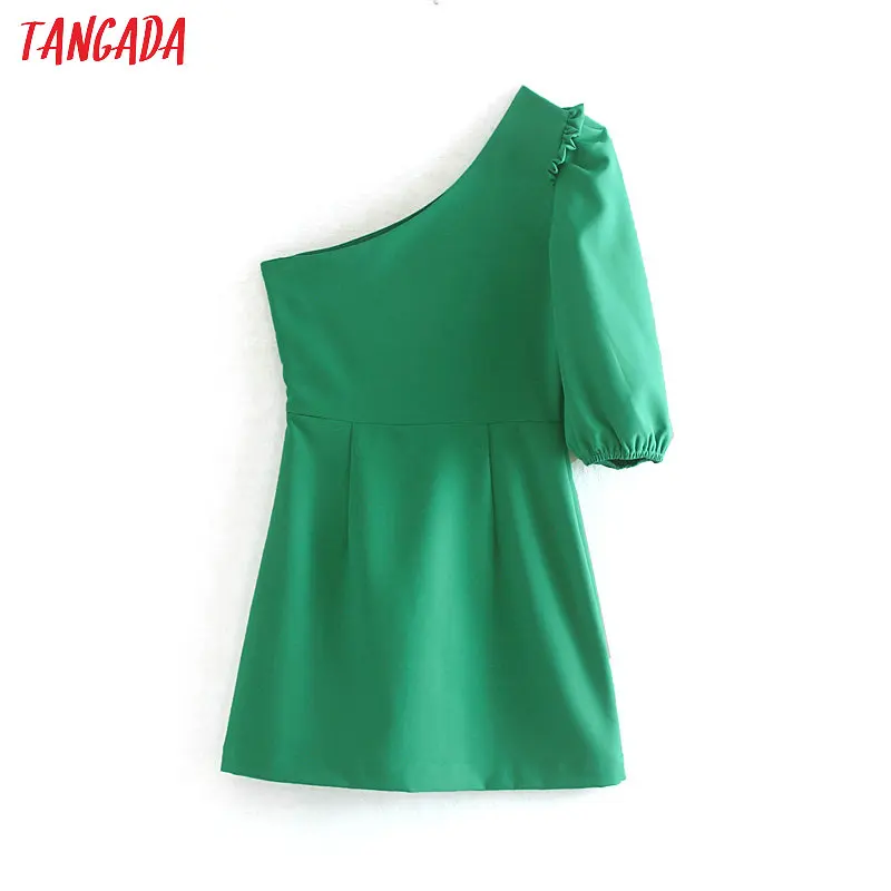 Tangada зеленое платье мини ассиметричное платье на одно плечо платье для вечеринки вечернее платье мини платье выше колена платье трапеция платье с рукавом 3\4 XN281
