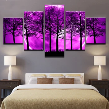 

HD Prints Canvas Room Home Decor Pictures 5 Pieces Purple Moon Night Psychedelic Forest Painting Wall Art Trees Poster Framework