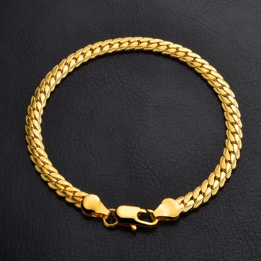 Men Flat Snake Bone 18K Gold Plated Curb Chain Fashion Bangle Bracelet