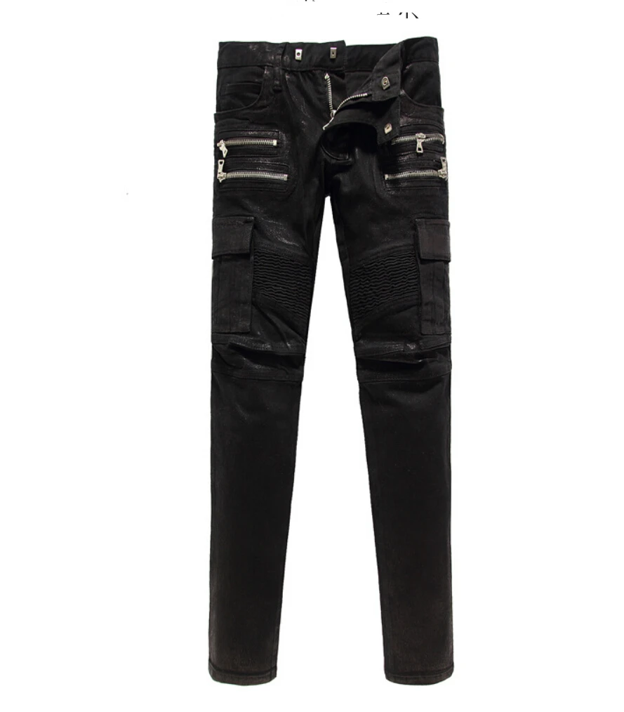 Free shipping NEW 2015 Spring Men s Brand Fashion Slim Black Coating Motorcycle Zipper Jeans Plus