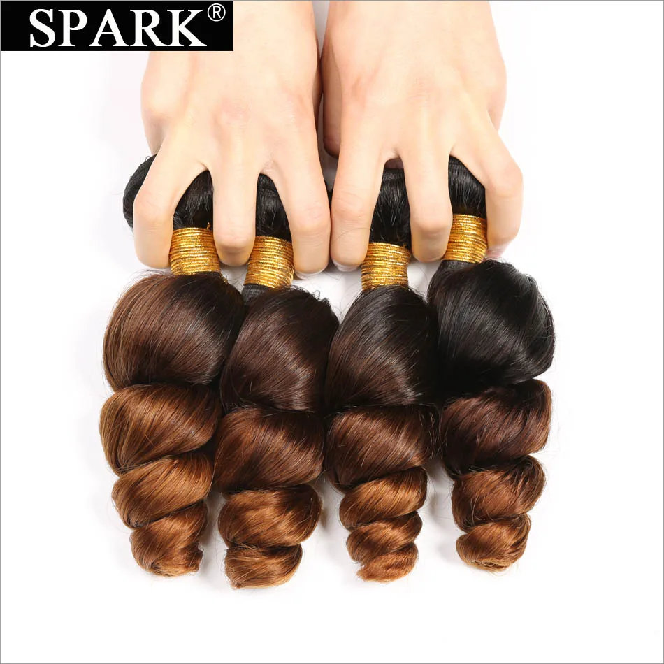 Spark Ombre Malaysian Loose Wave Human Hair 3/4 Bundles with Closure 4*4 Free Part Remy Hair Extension Free Middle Part 1B/4/30