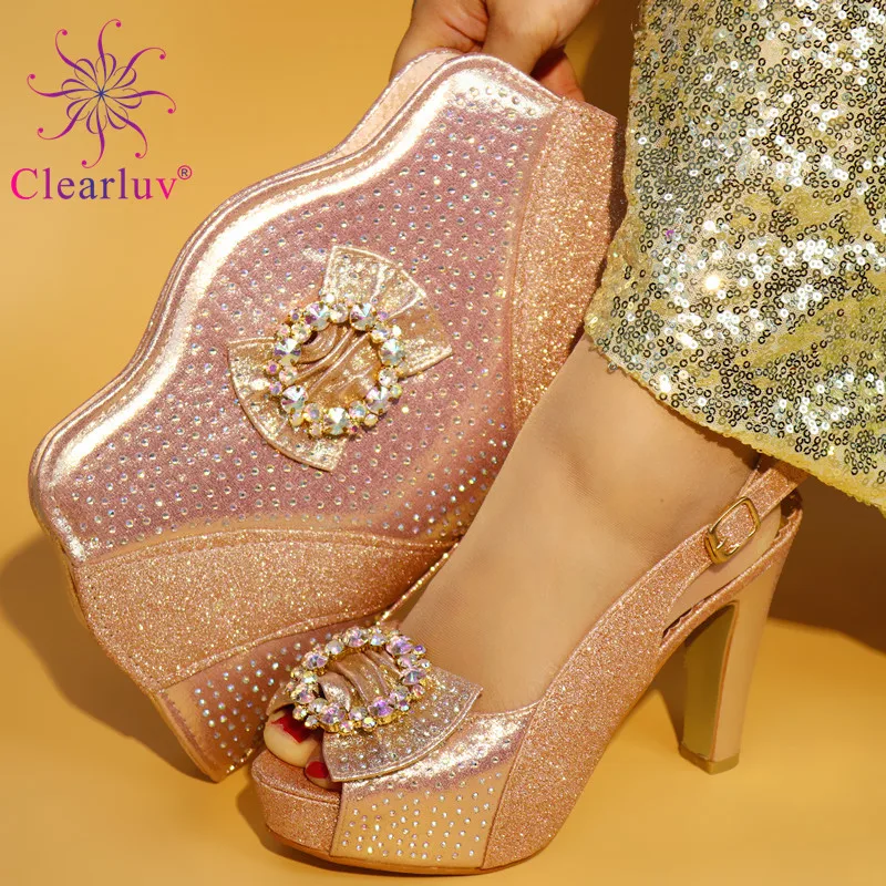 

Italian Shoes with Matching Bags Set Decorated with Rhinestone Summer High Heeled Shoes for Women Nigerian Women Wedding ShoeS