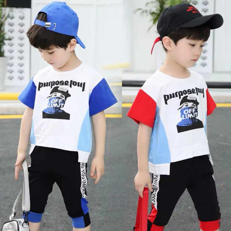 

Summer boys 2 pcs set baby Casual tee + shorts kids suit children streetwear fashion boy letter contrast color 2 to 7 yrs