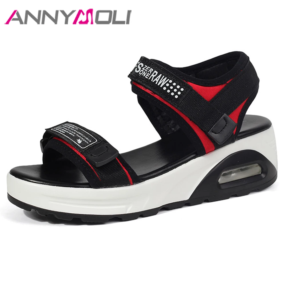 

ANNYMOLI Shoes Women Sneaker Platform Wedge Heel Sandals Open Toe Summer Casual Shoes Ladies Footwear Black Size 35-40 2019 New