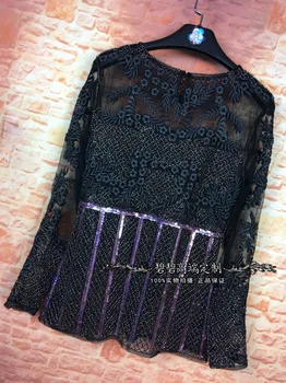 

Tops Real Camisetas 2017 Spring And Summer New Heavy Industry Beaded Sequins Lace Shirt Perspective Sexy Net Yarn Primer Jacket