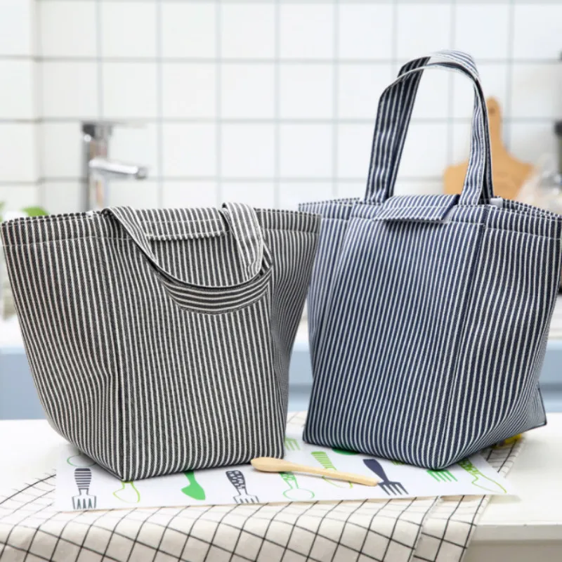 

Canvas Stripe Insulated Cooler Bags Portable Thermal Lunch Bag Aluminum Foil Lunch Box Tote for Women Men Kids