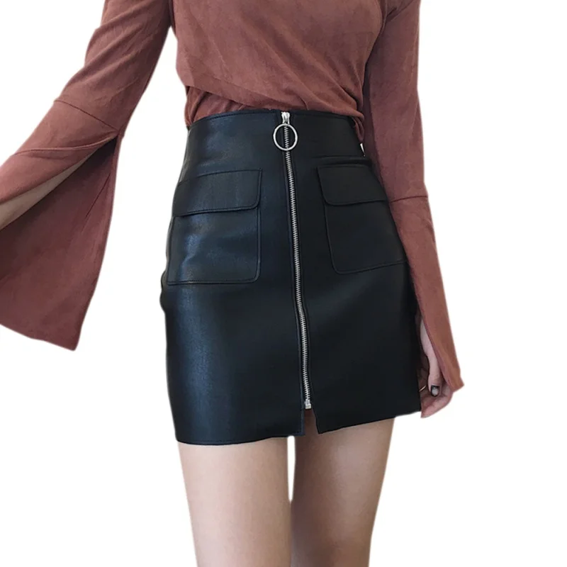 Women Skirt Sexy Skirts Hip High Skirt A Package Newest Women Color Retro Pocket Waist Solid Zipper PU